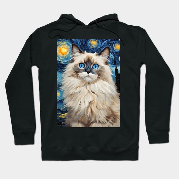 Cute Ragdoll Cat Breed Painting in a Van Gogh Starry Night Art Style Hoodie by Art-Jiyuu